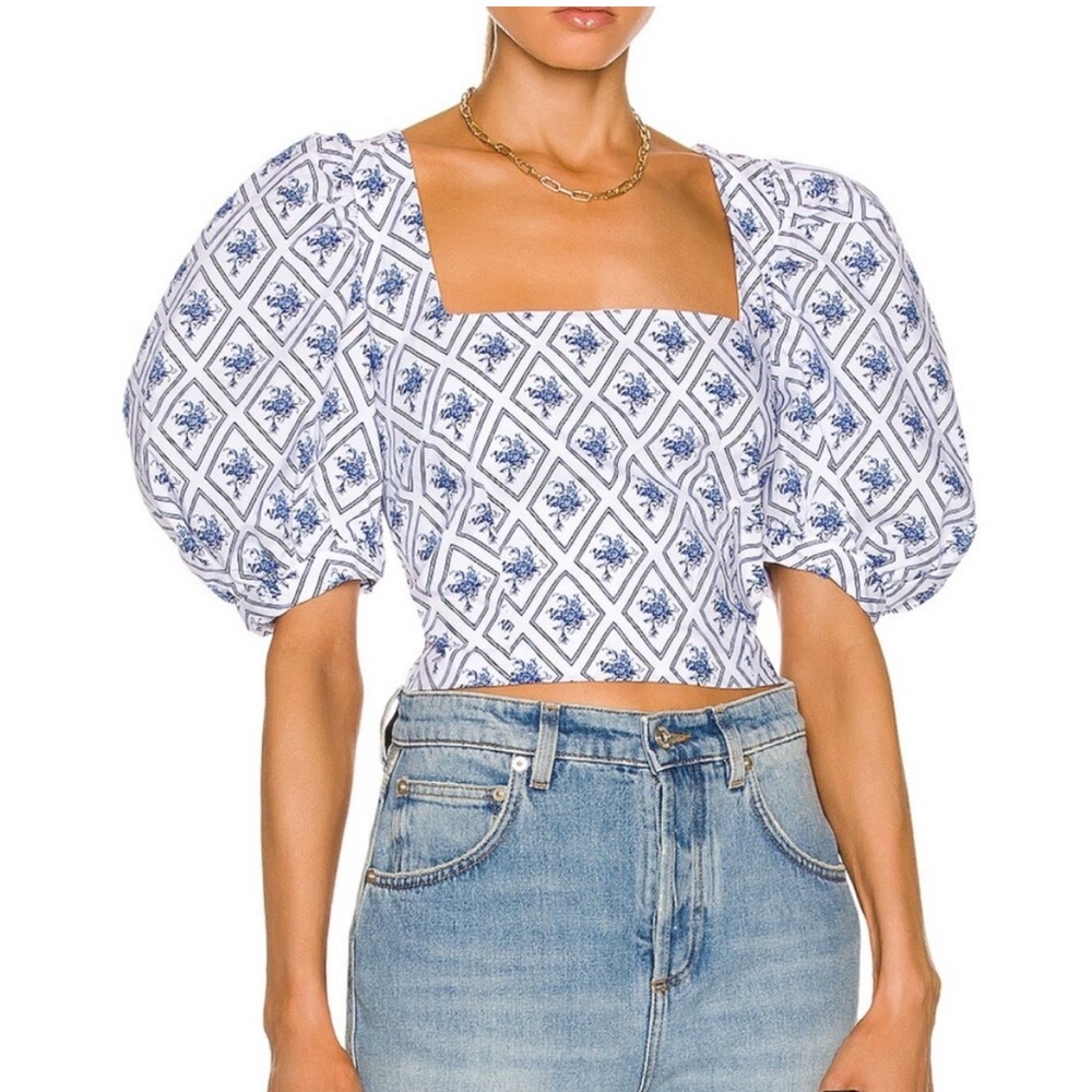 •Caroline Constas• NWT Tessa top in blue diamond toile